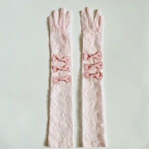 ✨ Princess Pink Lace Gloves with Triple Ribbons and Heart Sparkles